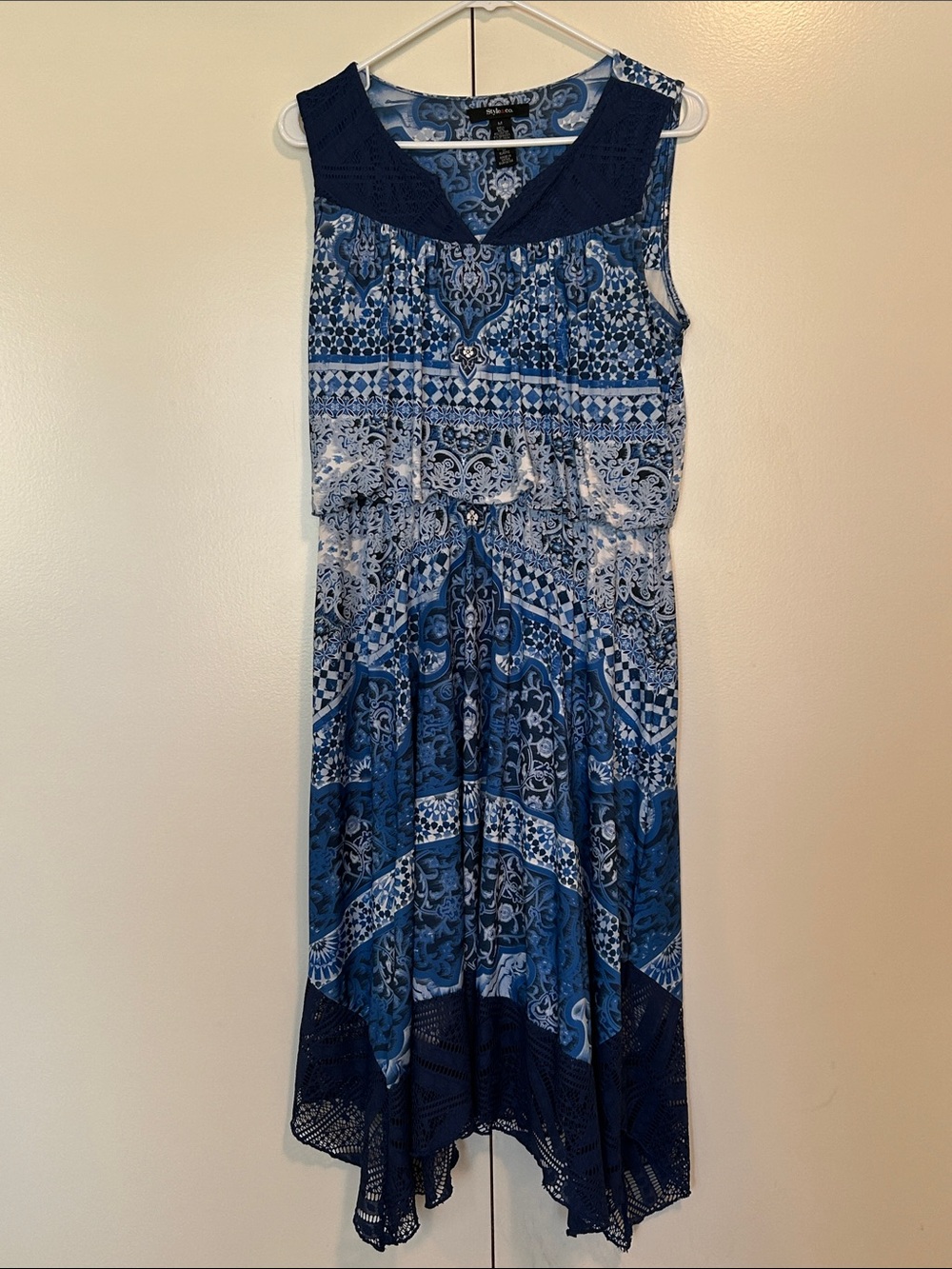 Style & Co. Patterned Blue Navy Asymmetrical Sleeveless Dress